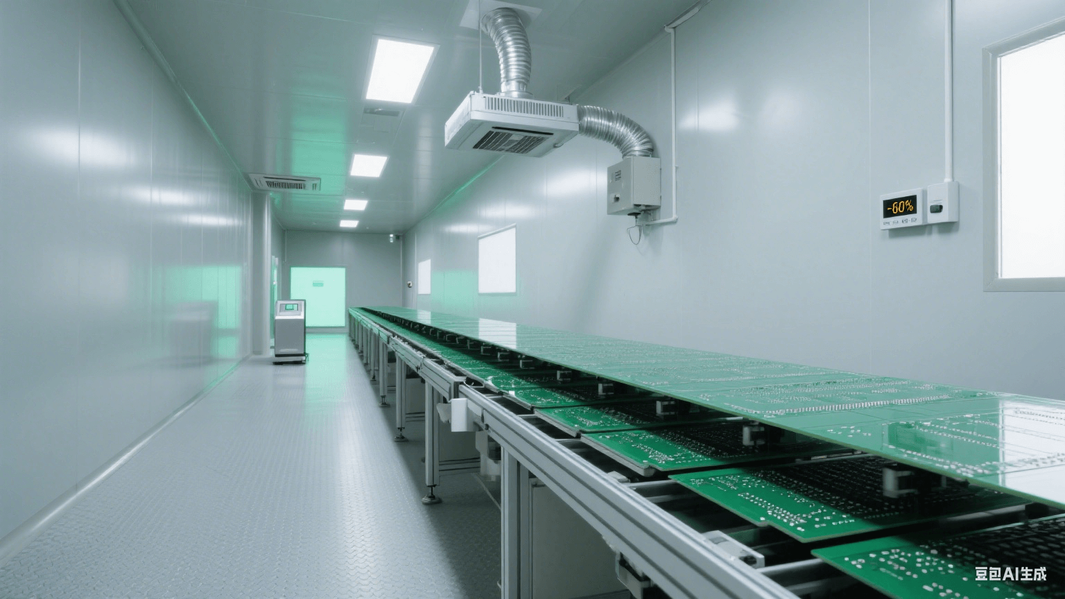 高濕度防靜電：深綠色 PCB 在流水線，頂部銀色除濕裝置吹氣，淺灰防靜電地板，遠(yuǎn)處?kù)o電場(chǎng)計(jì)泛綠光，冷灰側(cè)光顯干燥潔凈