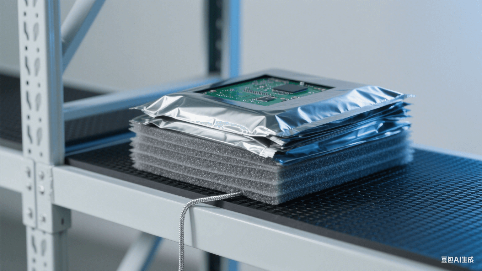 倉(cāng)儲(chǔ)防靜電包裝：淺灰貨架鋪黑色橡膠墊（連銀色接地線），鍍鋁屏蔽袋包裹 PCB，層間夾灰色珍珠棉，冷藍(lán)光凸顯屏蔽防護(hù)