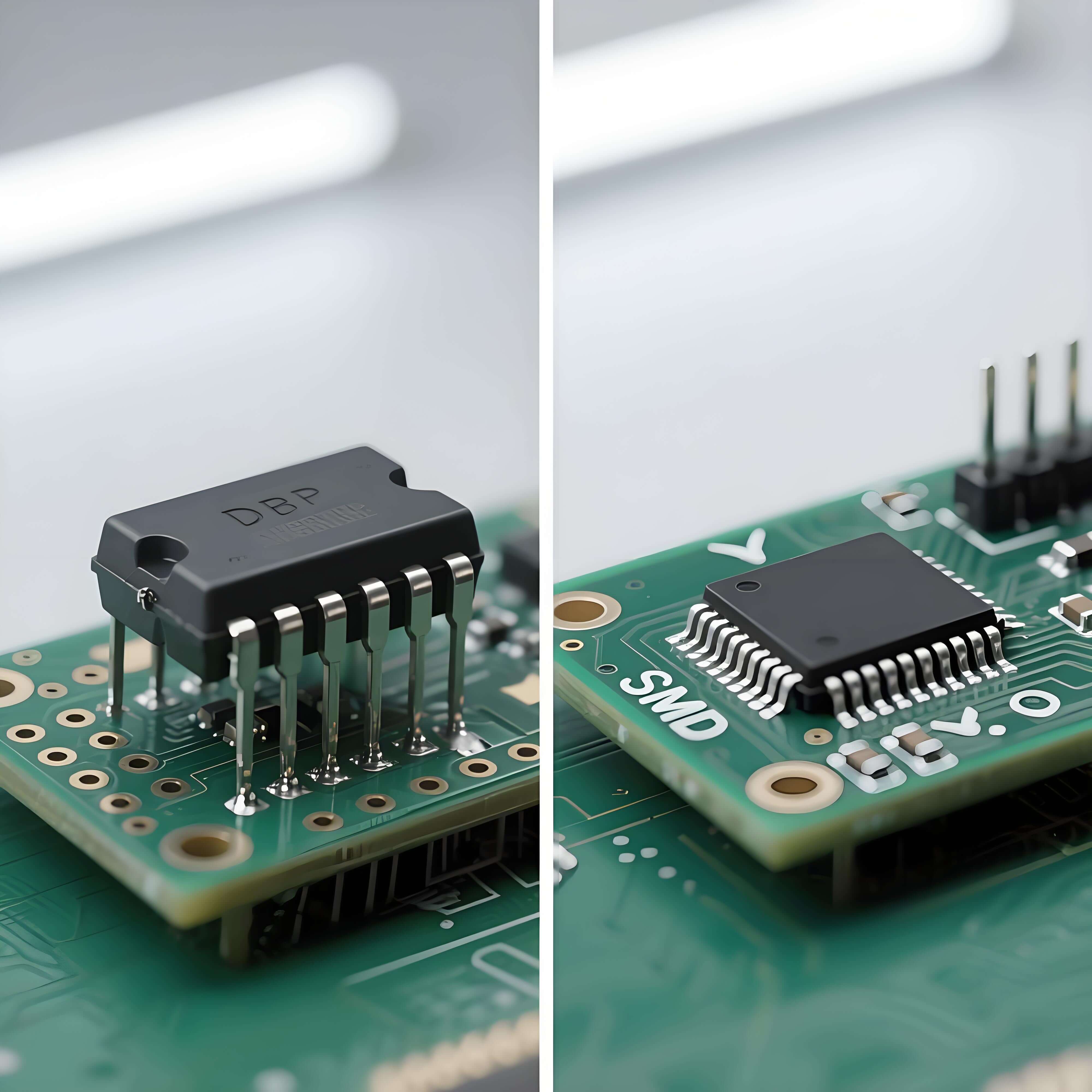 DIP 與 SMT 封裝對比特寫，左側黑色環(huán)氧樹脂 DIP 芯片雙列直插引腳，右側銀色 SMT 器件表面貼裝引腳，均置于綠色 PCB 板，顯材質與結構差異