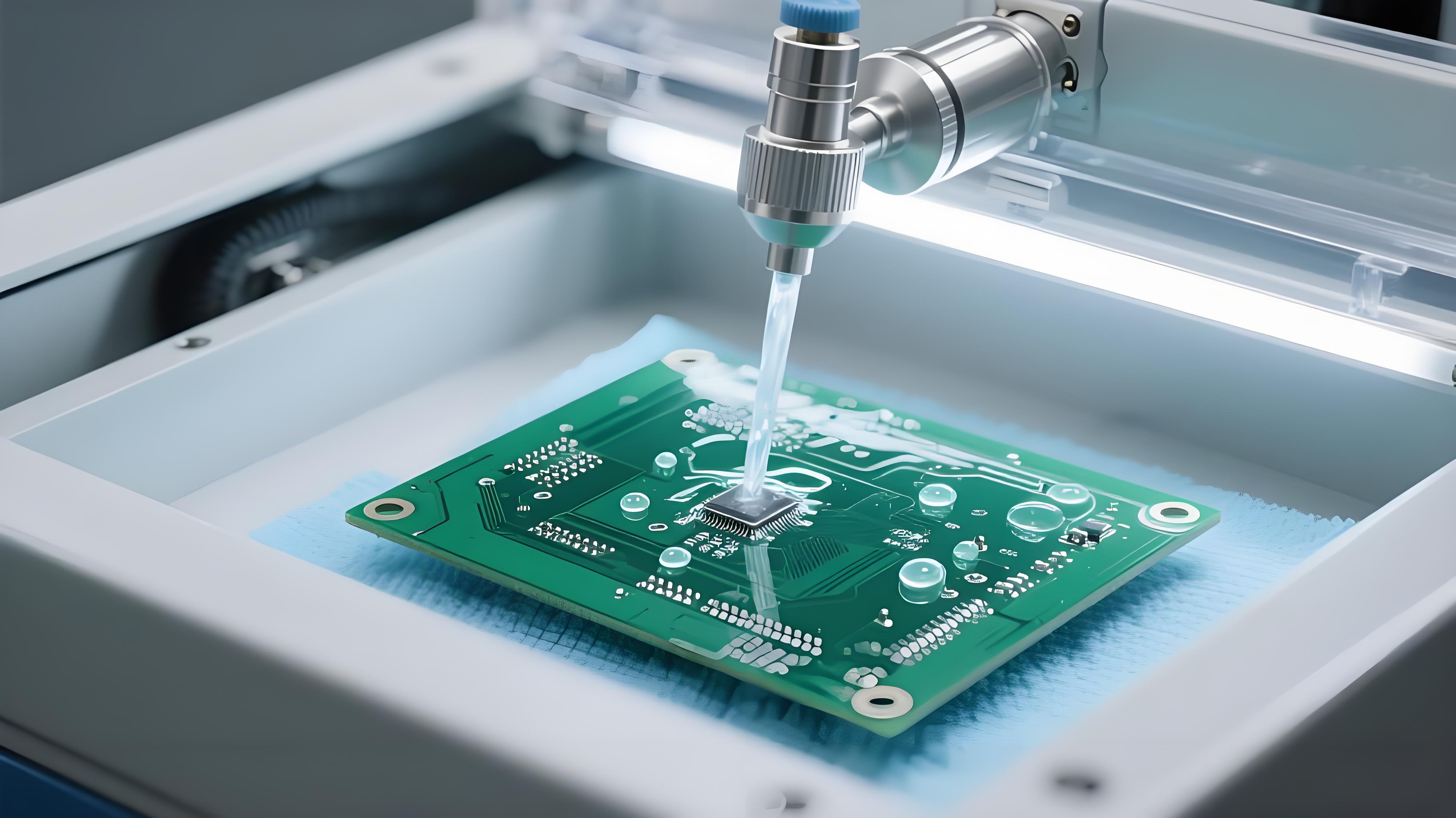 THR工藝助焊劑殘留清潔 銀色噴嘴噴清潔液 深綠色PCB透明殘留溶解 THR工藝助焊劑殘留清潔 銀色噴嘴噴清潔液 深綠色PCB透明殘留溶解