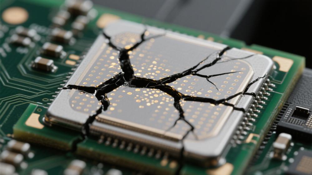 無鉛焊料熱疲勞裂紋擴(kuò)展微觀路徑 黑色裂紋貫穿銀灰色焊料基體 深綠色 PCB 焊點可靠性測試