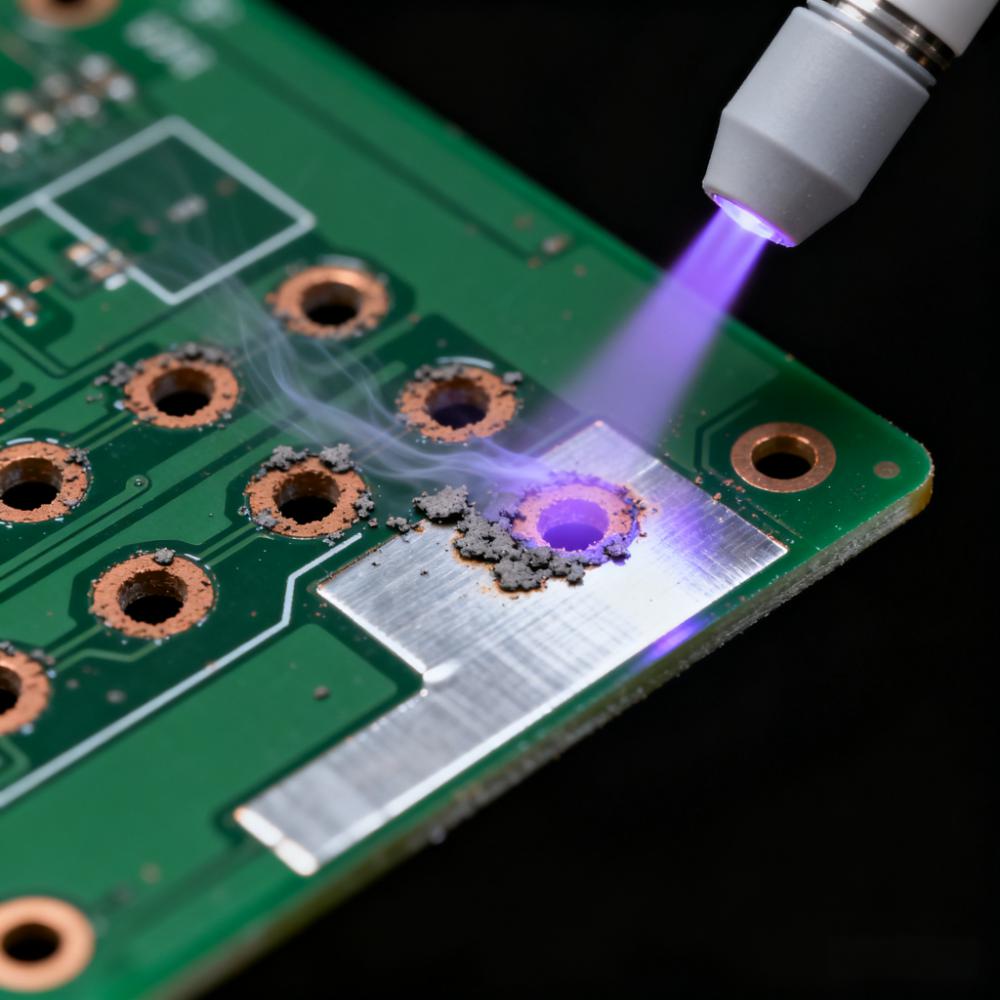 激光鉆孔后等離子清洗微盲孔除膠渣場景，淡紫色等離子體去除孔壁碳化殘留