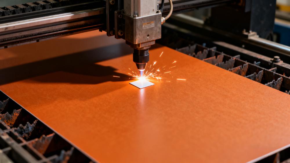 高頻板材介電常數(shù)測試-樣品制備流程，激光切割機(jī)正在精密切割PTFE高頻板材樣品