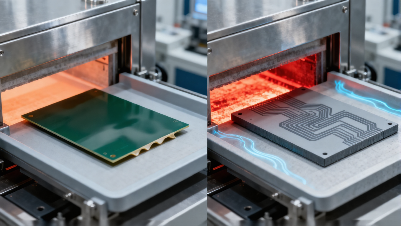 LTCC與HTCC燒結(jié)工藝對(duì)比場(chǎng)景，850-900℃淡橙色光適配銀漿線路，1600-1800℃深紅色光適配鎢漿線路