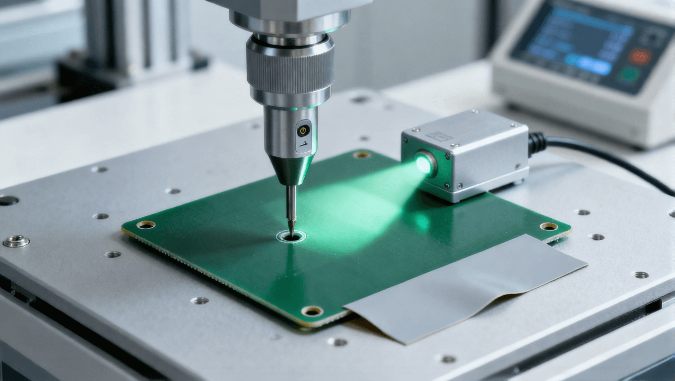 PCB沉頭孔壓力感應(yīng)技術(shù)加工場景，淡綠色光影反饋鉆削阻力變化