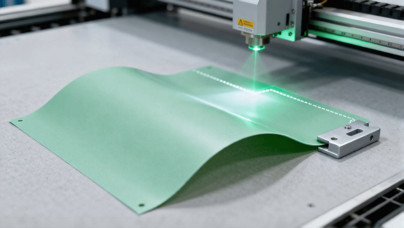 柔性 PCB 激光輪廓切割場景，淡綠色激光無應力切割 PI 板邊緣整齊