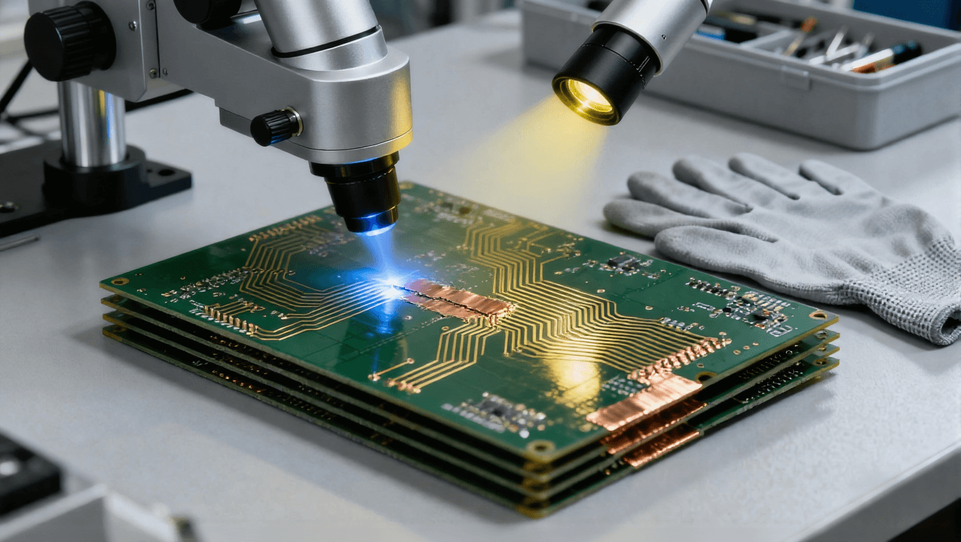PCB 線路缺陷激光修復場景，淡藍色微光束微米級切除多余銅箔修復短路
