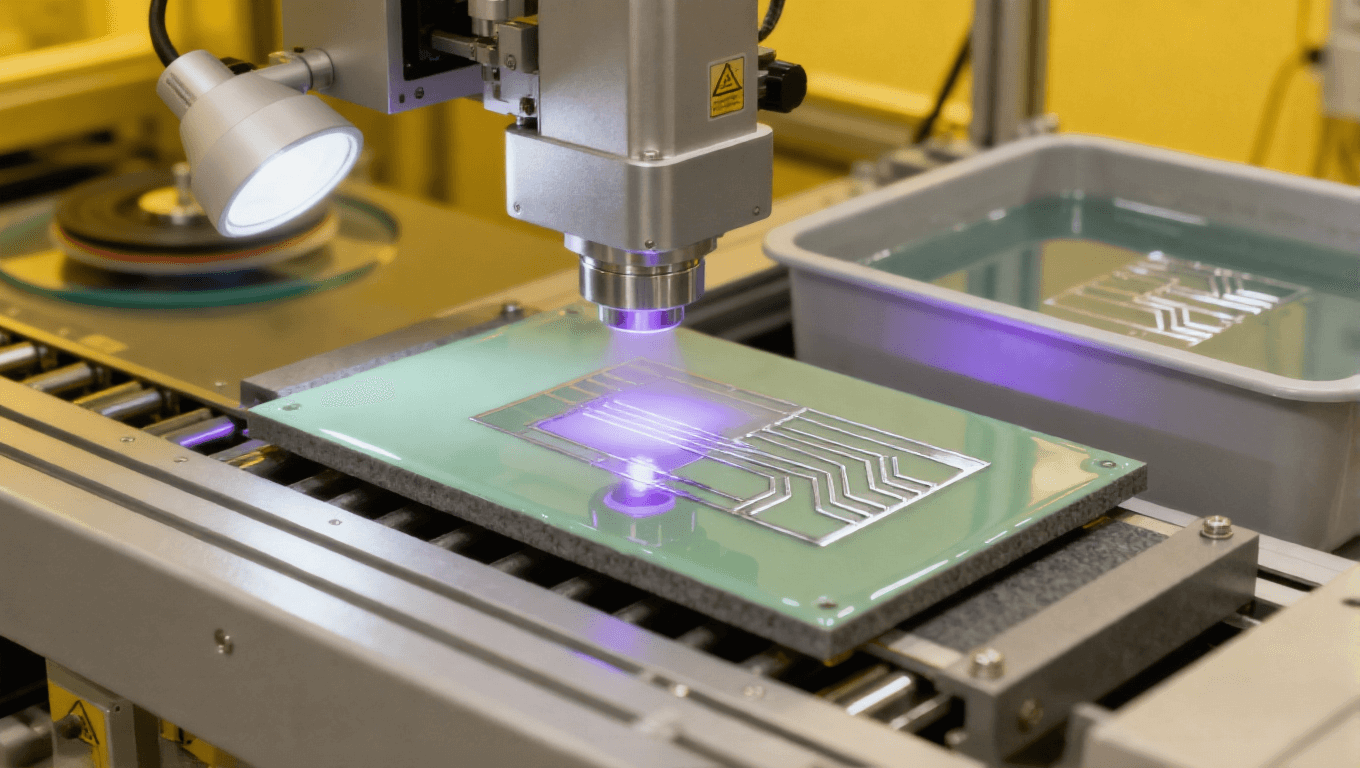 陶瓷板光刻圖形化場(chǎng)景，紫外曝光 + 顯影液露出銀色銅種子層圖形