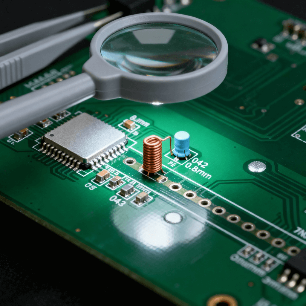 射頻前端 PCB 無源元件布局場景，匹配元件貼近芯片 + 饋電電感垂直放置 + 饋點(diǎn)凈空