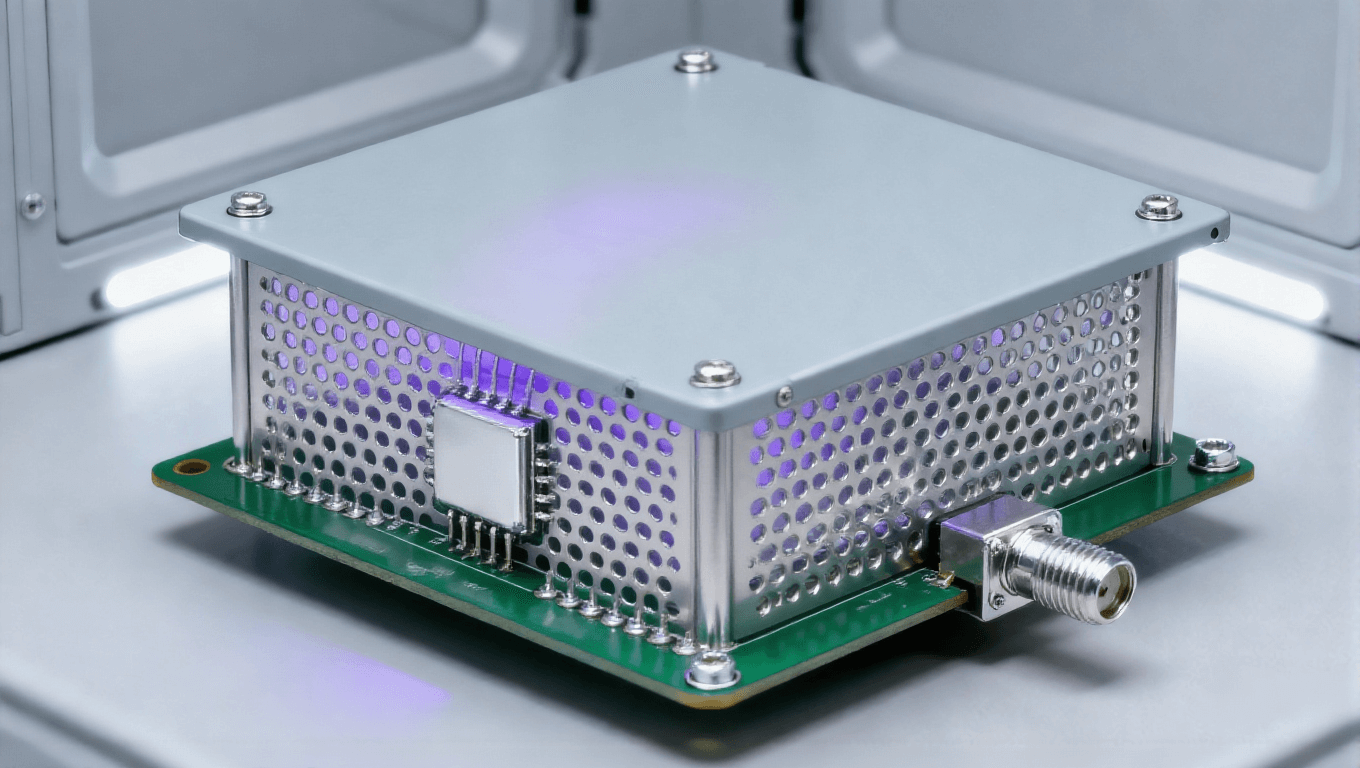 射頻前端 PCB 屏蔽防護(hù)場景，過孔墻 + 金屬屏蔽罩實(shí)現(xiàn) 70dB@10GHz 隔離度