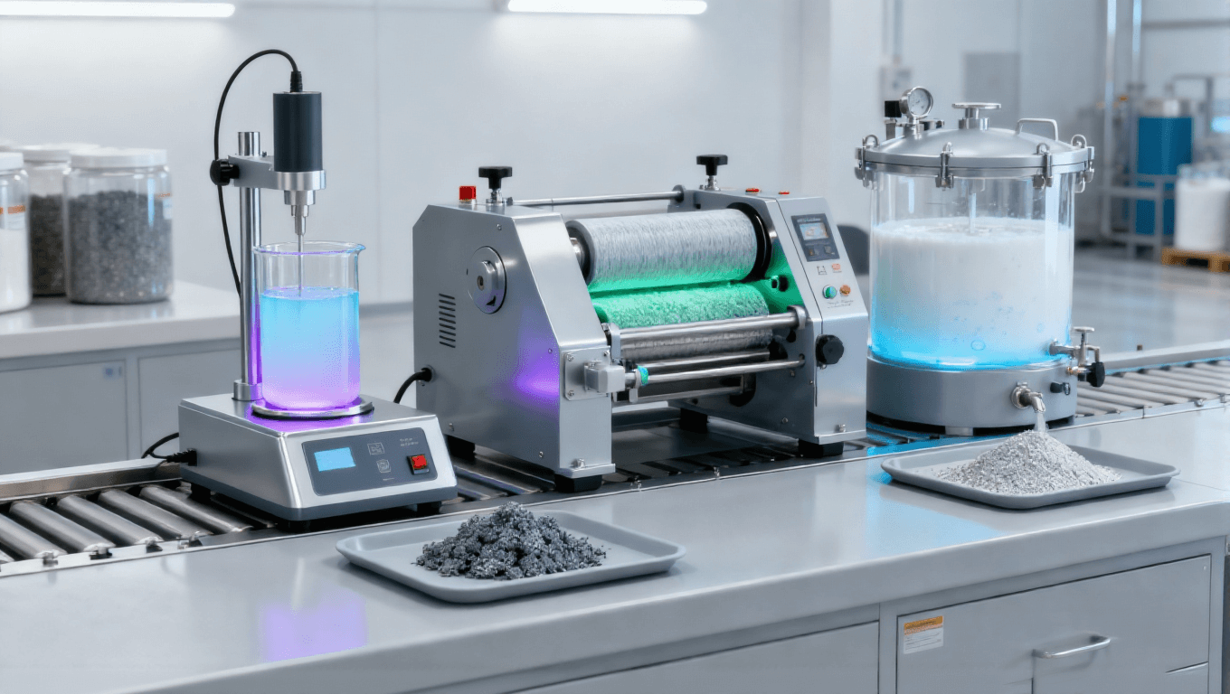 石墨烯多級(jí)分散工藝場(chǎng)景，超聲+三輥研磨+脫泡實(shí)現(xiàn)顆粒＜2μm均勻分散