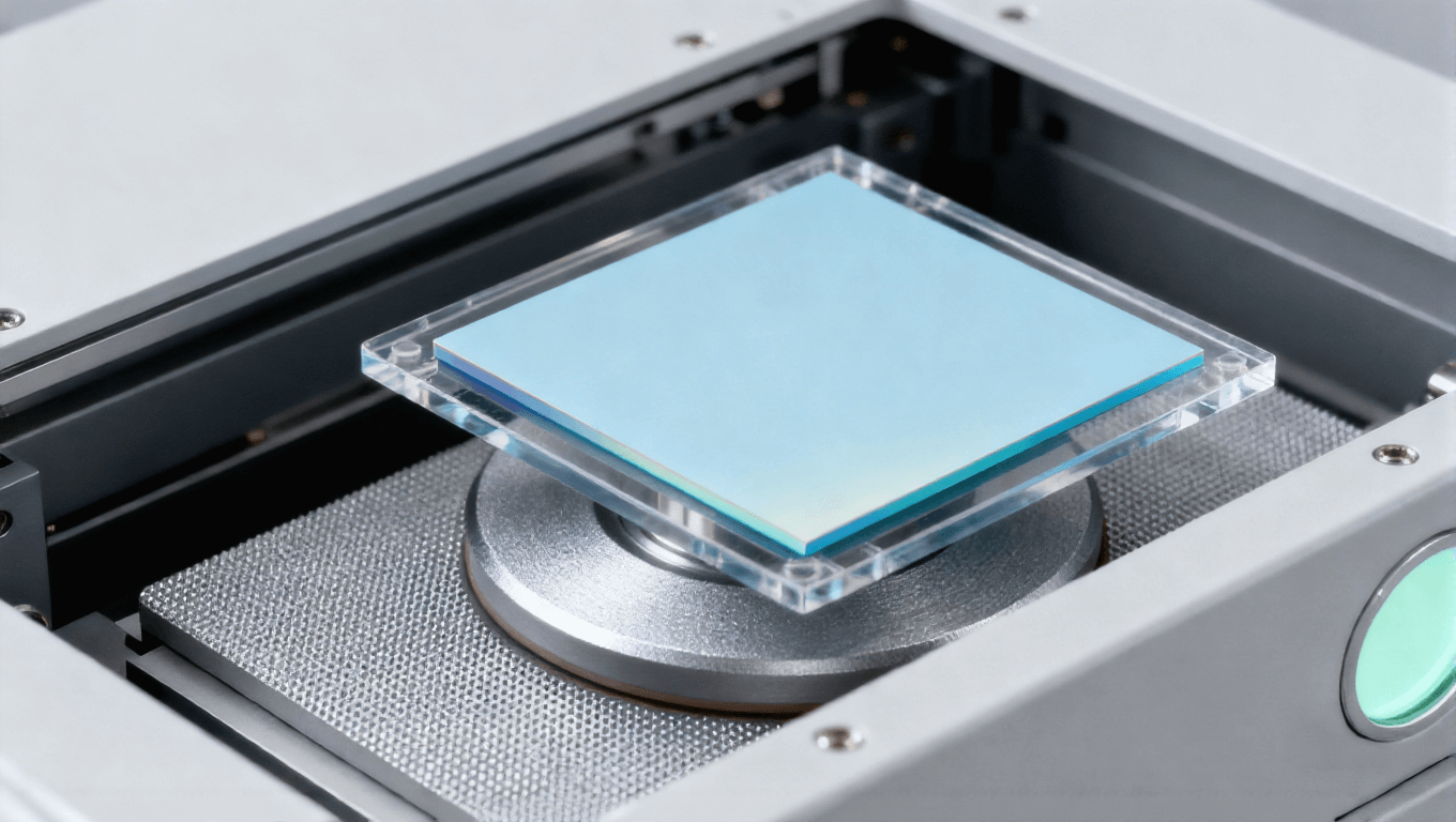 芯片減薄工藝，淡藍(lán)色芯片與研磨頭，減薄設(shè)備內(nèi)部場景