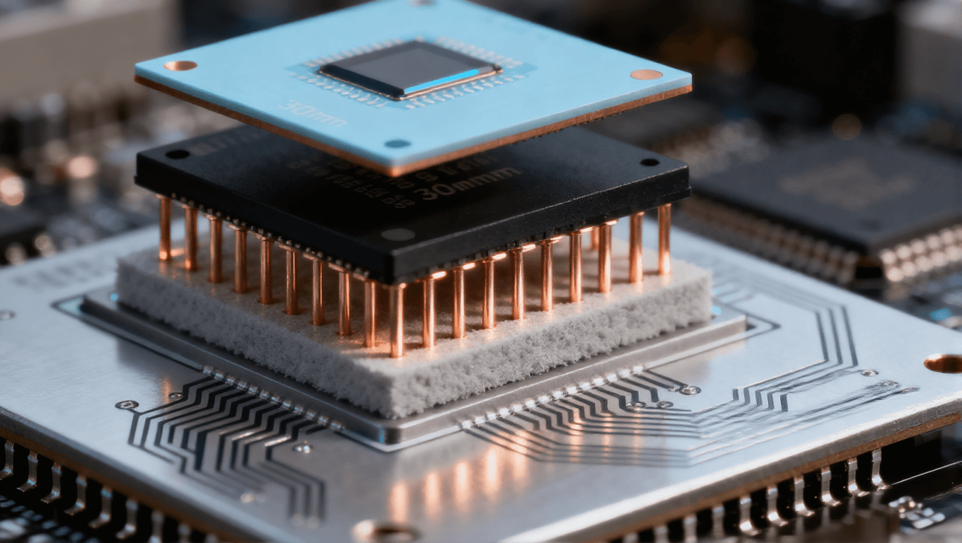 三維堆疊異質(zhì)芯片邏輯 - 存儲 - 傳感器芯片與銅柱連接