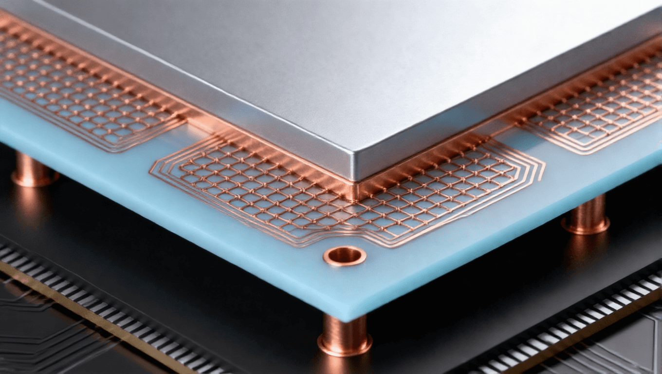 三維堆疊硅中介層，淡藍(lán)色硅片與銅色互連線路