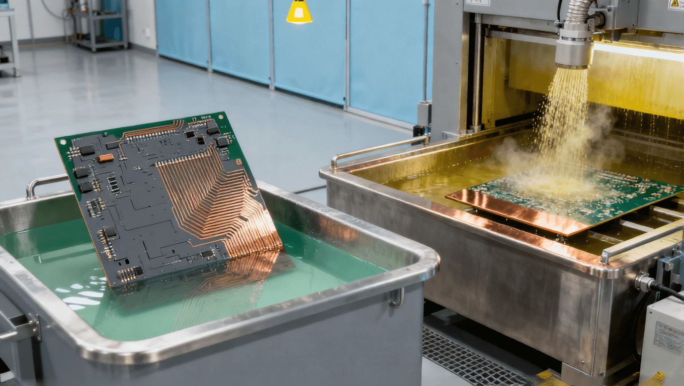 汽車電子高端PCB的mSAP工藝制造場景，展示電鍍槽、差分蝕刻設(shè)備及PCB基板，車規(guī)級PCB生產(chǎn)環(huán)境