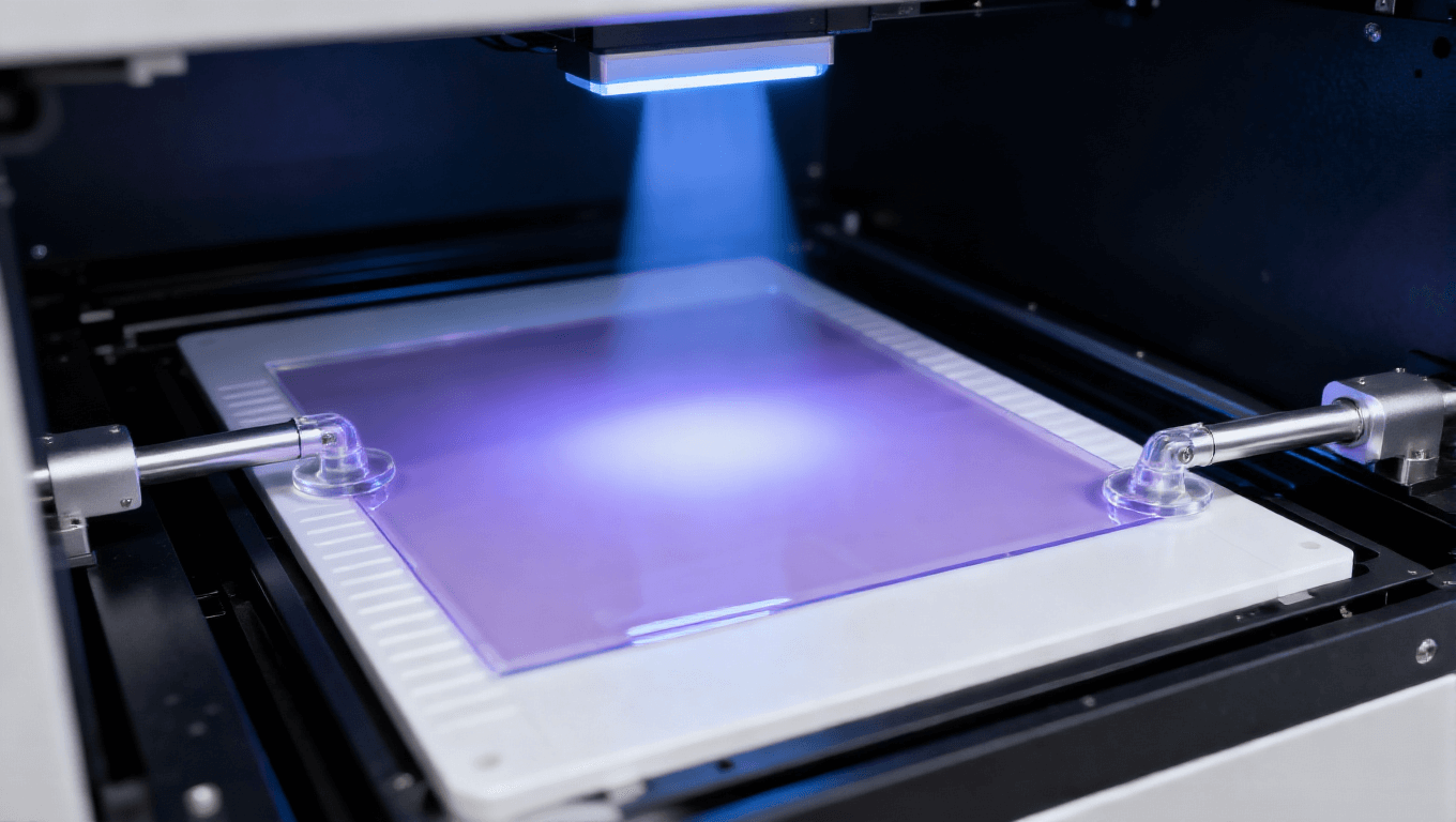 PCB改良型半加成法mSAP工藝光刻顯影環(huán)節(jié)，展示臥式光刻設(shè)備、透明PI基板、淡紫色光刻膠及紫外光，高端PCB光刻場景