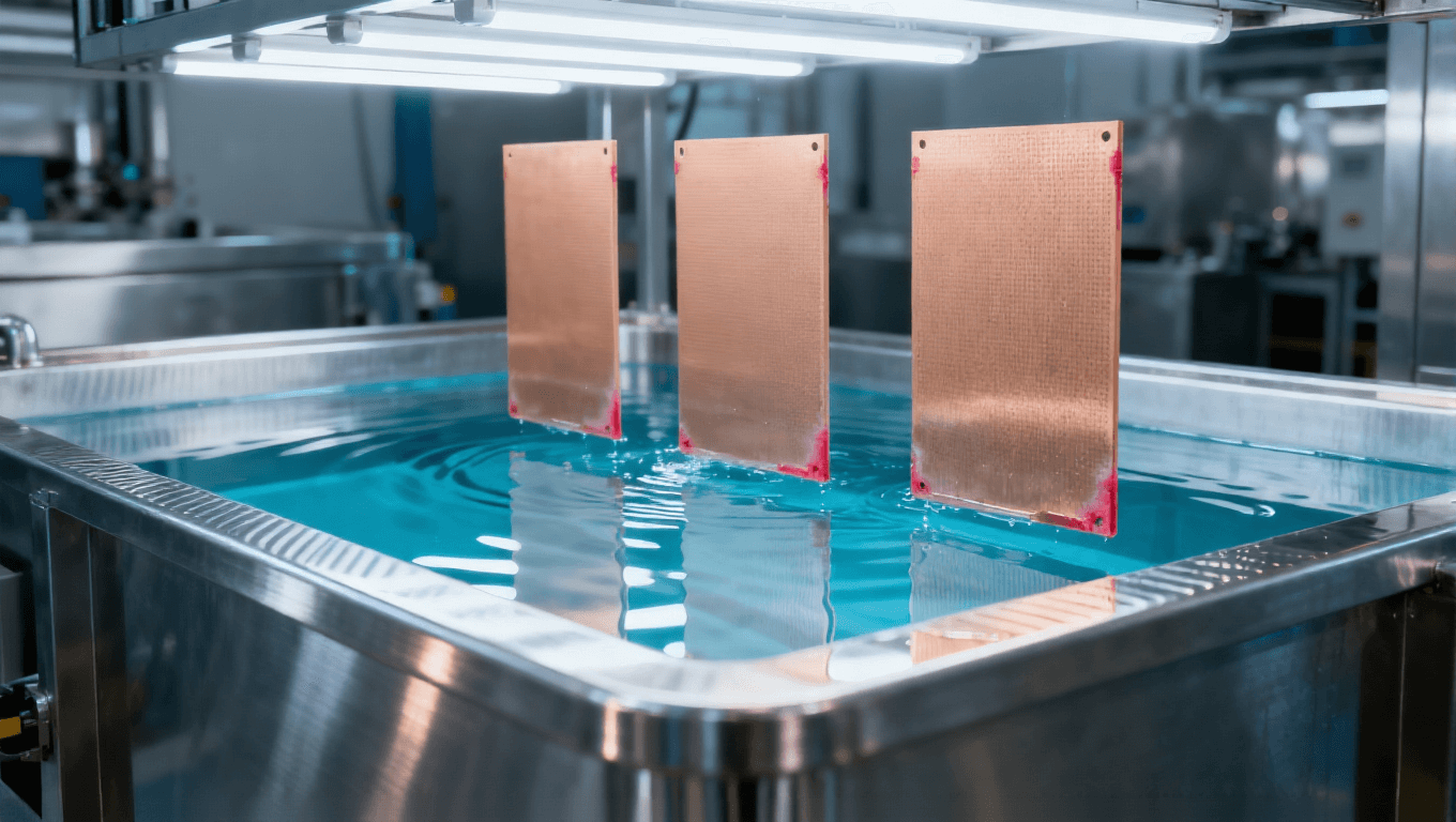 PCB半加成法SAP工藝化學(xué)鍍銅工序場景，展示立式銀灰色金屬鍍銅槽、透明藍(lán)色鍍液及FR-4基板，高端PCB制造車間環(huán)境