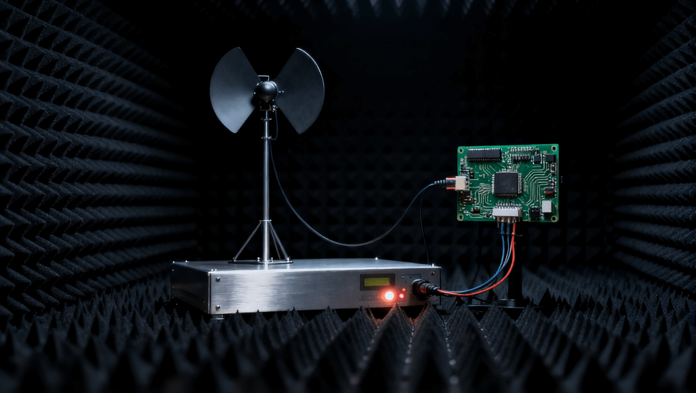 電路板電磁兼容性測試場景，在屏蔽暗室中評估輻射發(fā)射與抗干擾能力