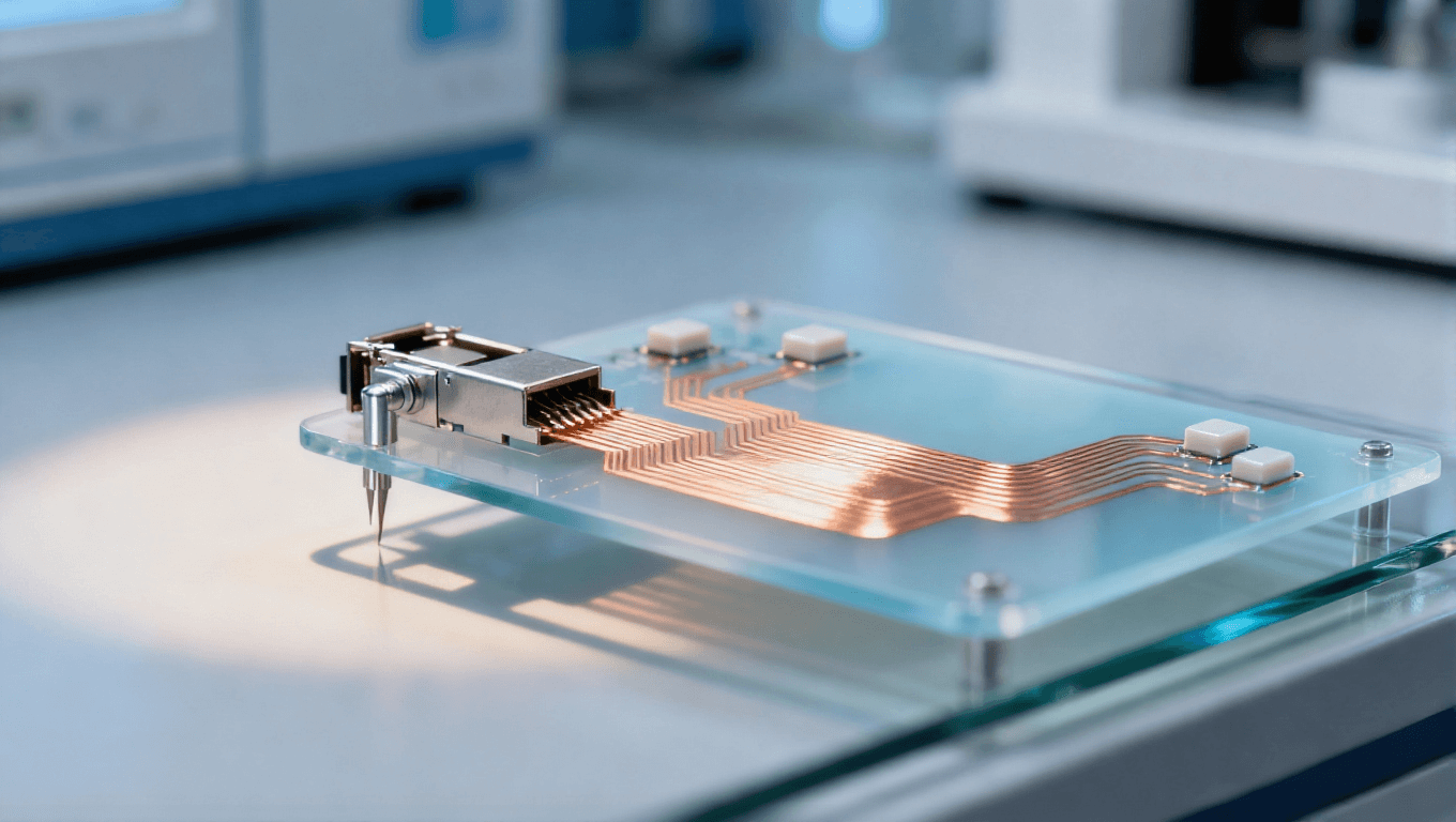 實驗室測試光模塊 PCB 淡藍色低 Dk 基材 淺橙色銅箔線路 金屬測試探針 電子測試場景 冷光光影 實驗室測試光模塊 PCB 淡藍色低 Dk 基材 淺橙色銅箔線路 金屬測試探針 電子測試場景 冷光光影