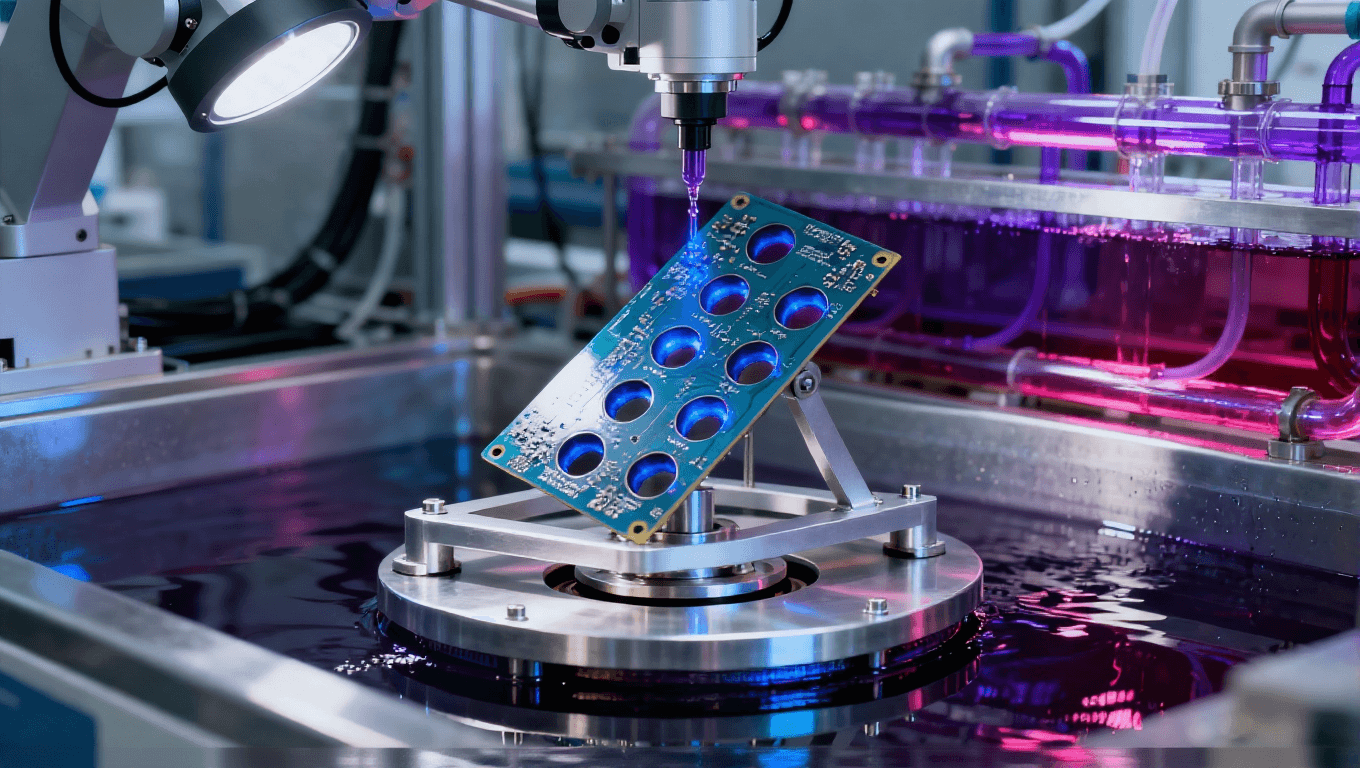 現(xiàn)代化實驗室中的水平電鍍設(shè)備特寫，展示精密PCB電鍍工藝  