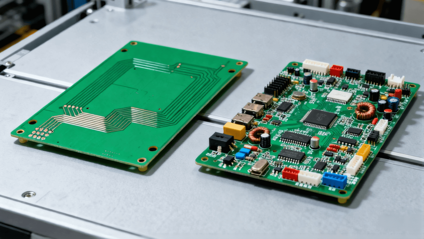 左側(cè)綠色 PCB 空板、右側(cè)集成元器件的 PCBA 組件，并列擺放的電子制造對(duì)比展示