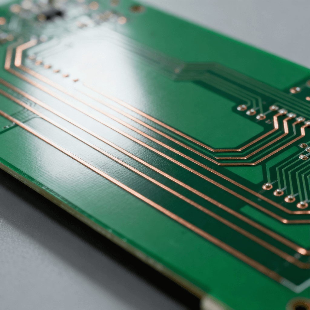 綠色 PCB 印刷電路板特寫(xiě)，表面分布精密銅箔導(dǎo)電線(xiàn)路的硬質(zhì)電子載體