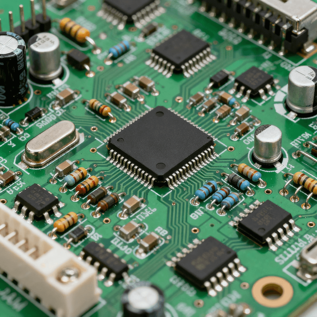 綠色 PCB 基板上集成電阻、電容、芯片的 PCBA 組件，焊點(diǎn)呈現(xiàn)金屬光澤