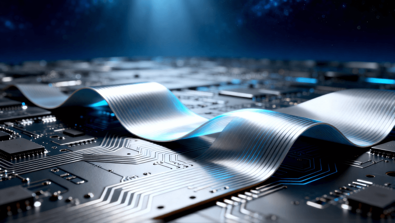 剛性電路板與超彈性柔性電路板對(duì)比，象征電子設(shè)備從固定形態(tài)向可折疊時(shí)代的材料革新