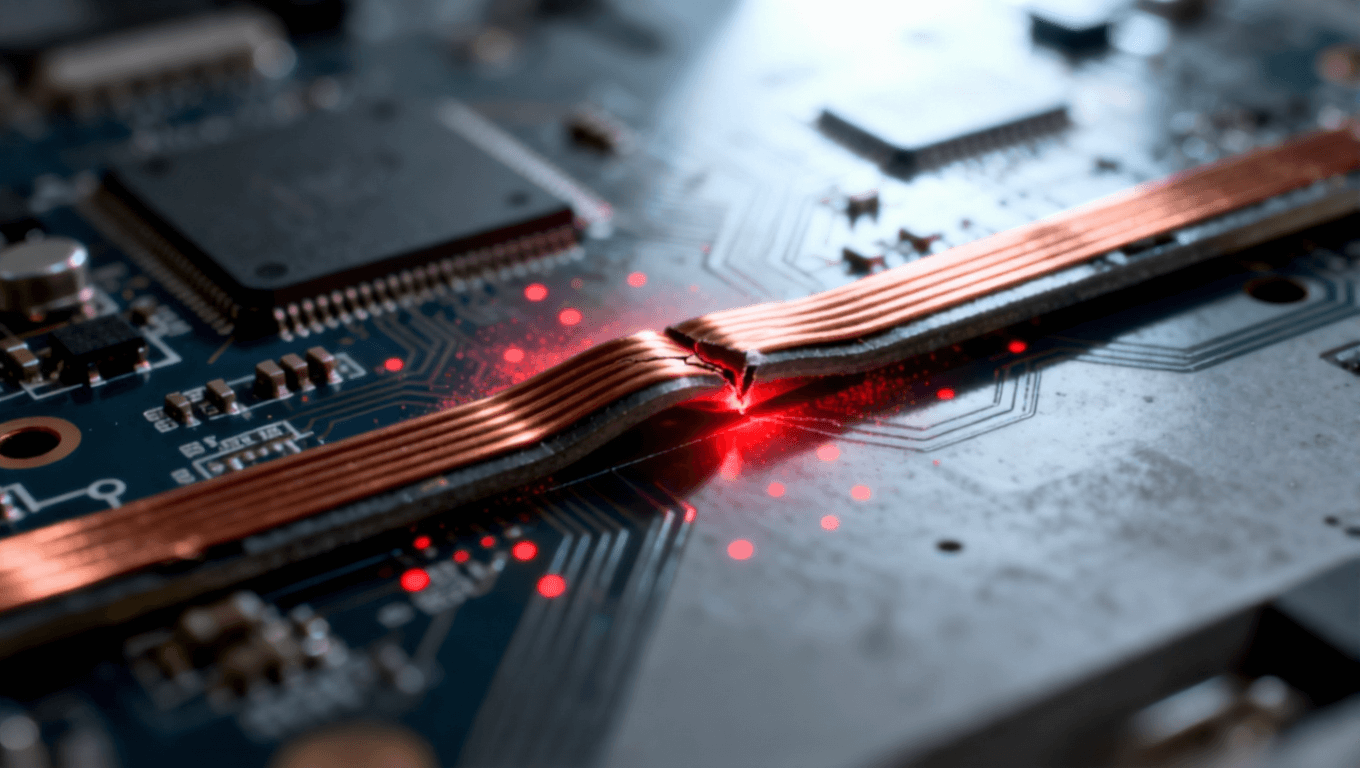 可折疊電路板鉸鏈區(qū)應(yīng)力集中與疲勞損傷示意圖，揭示傳統(tǒng)材料在反復(fù)折疊中的挑戰(zhàn)