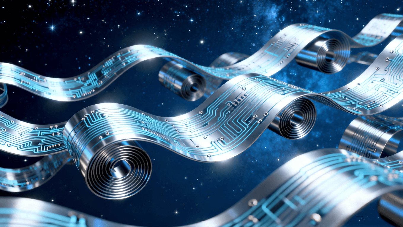 多形態(tài)可折疊電路板三維展示，體現(xiàn)超彈性材料支持的卷曲、螺旋等未來設(shè)備形態(tài)