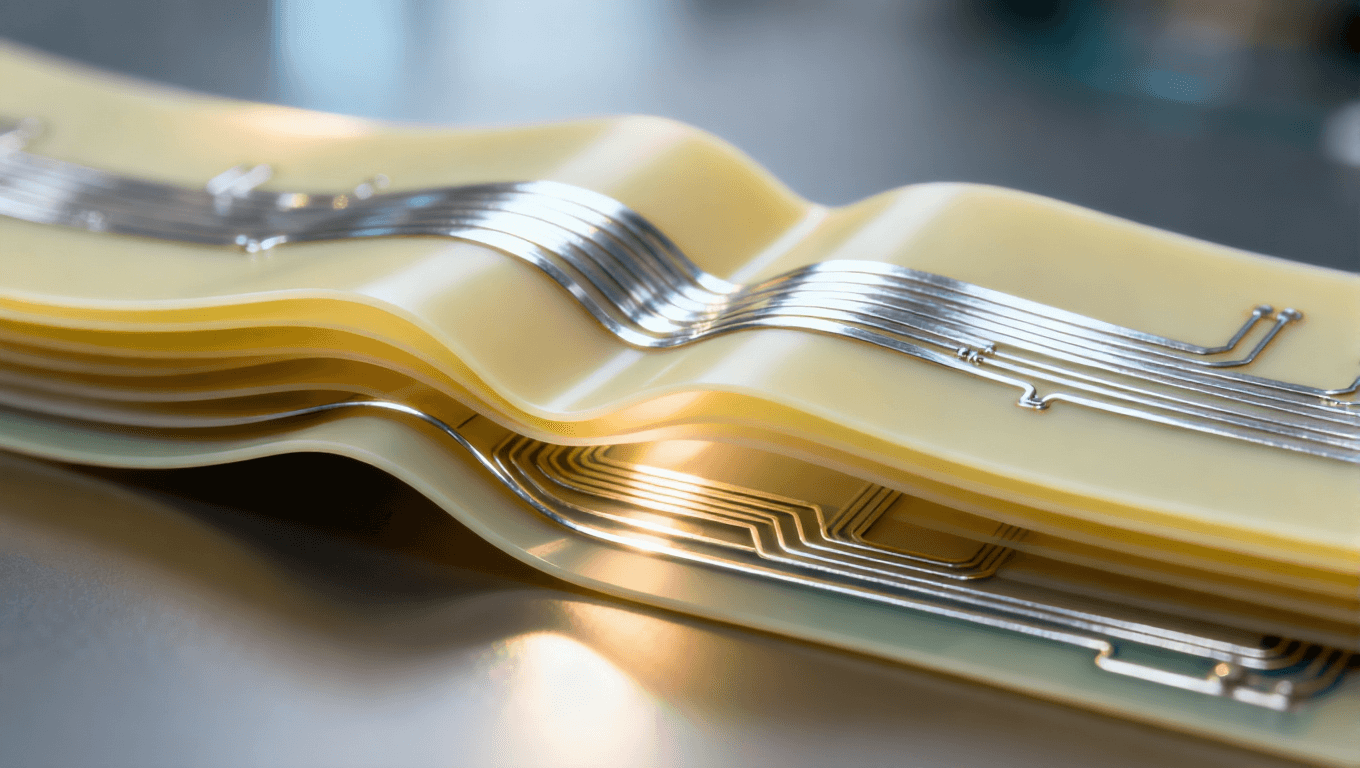 可折疊電路板內(nèi)部結(jié)構(gòu)剖面圖，顯示超彈性基板與柔性導(dǎo)體的集成設(shè)計