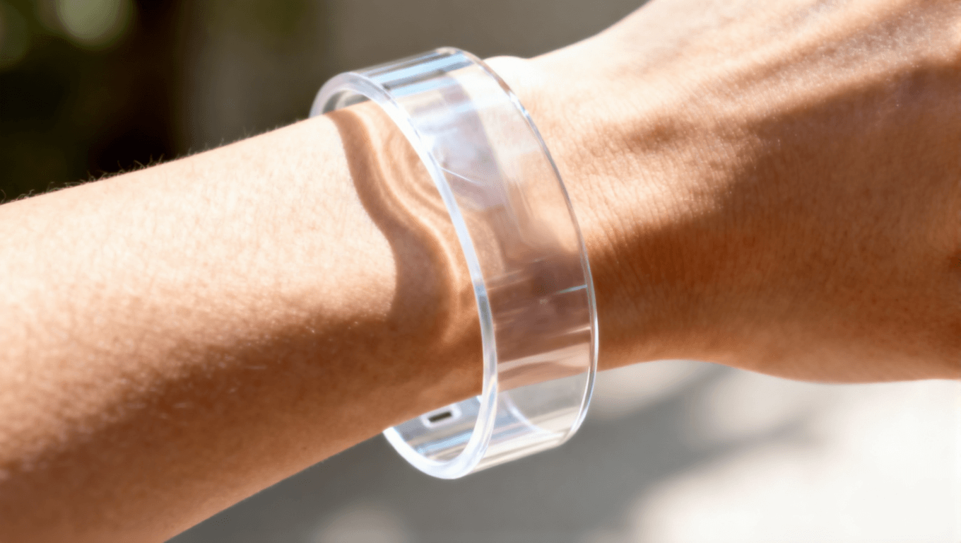 集成超彈性電路的可穿戴設(shè)備在手腕上的應(yīng)用，體現(xiàn)其柔韌性與舒適度