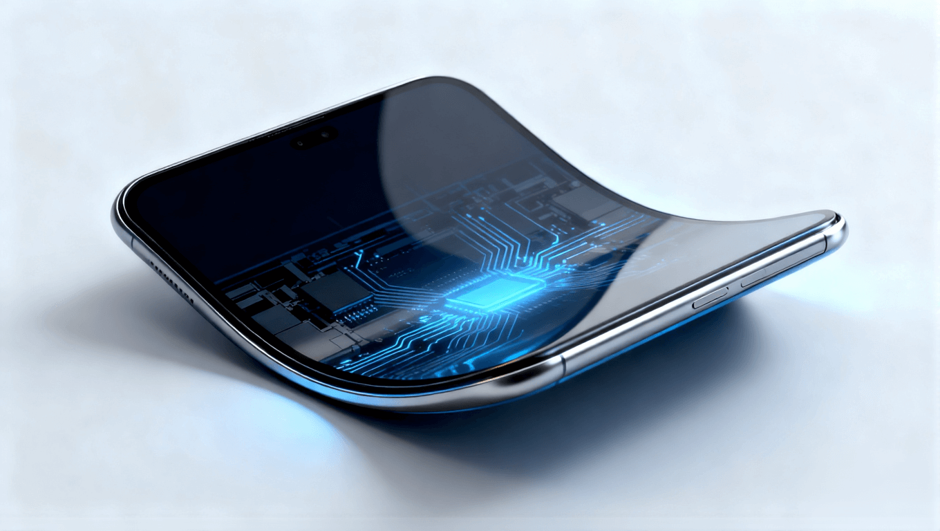 可折疊電子設(shè)備概念圖，展示超彈性材料支撐的柔性電路與無縫折疊設(shè)計