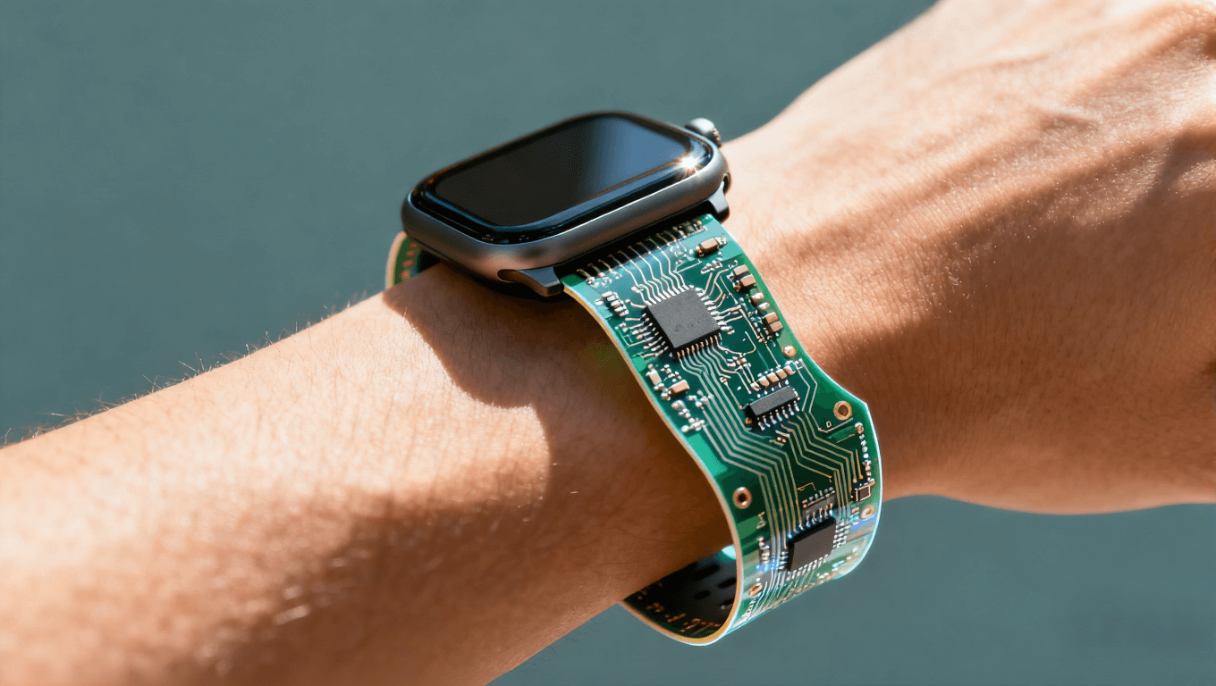 佩戴在手腕上的智能手表，電路板集成于表帶，突顯彎曲設(shè)計(jì)