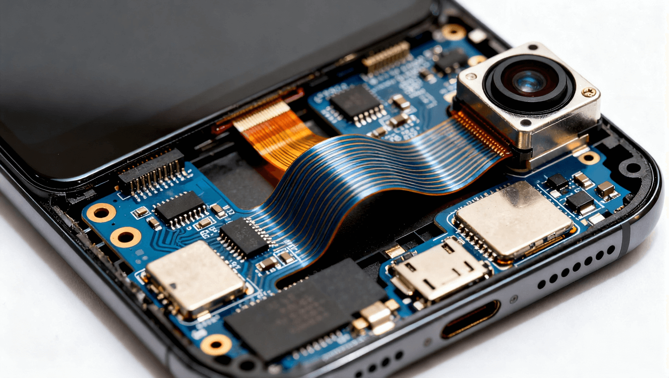 部分拆解的現(xiàn)代智能手機(jī)，靈活電路板繞過(guò)攝像頭模塊，體現(xiàn)緊湊集成設(shè)計(jì)
