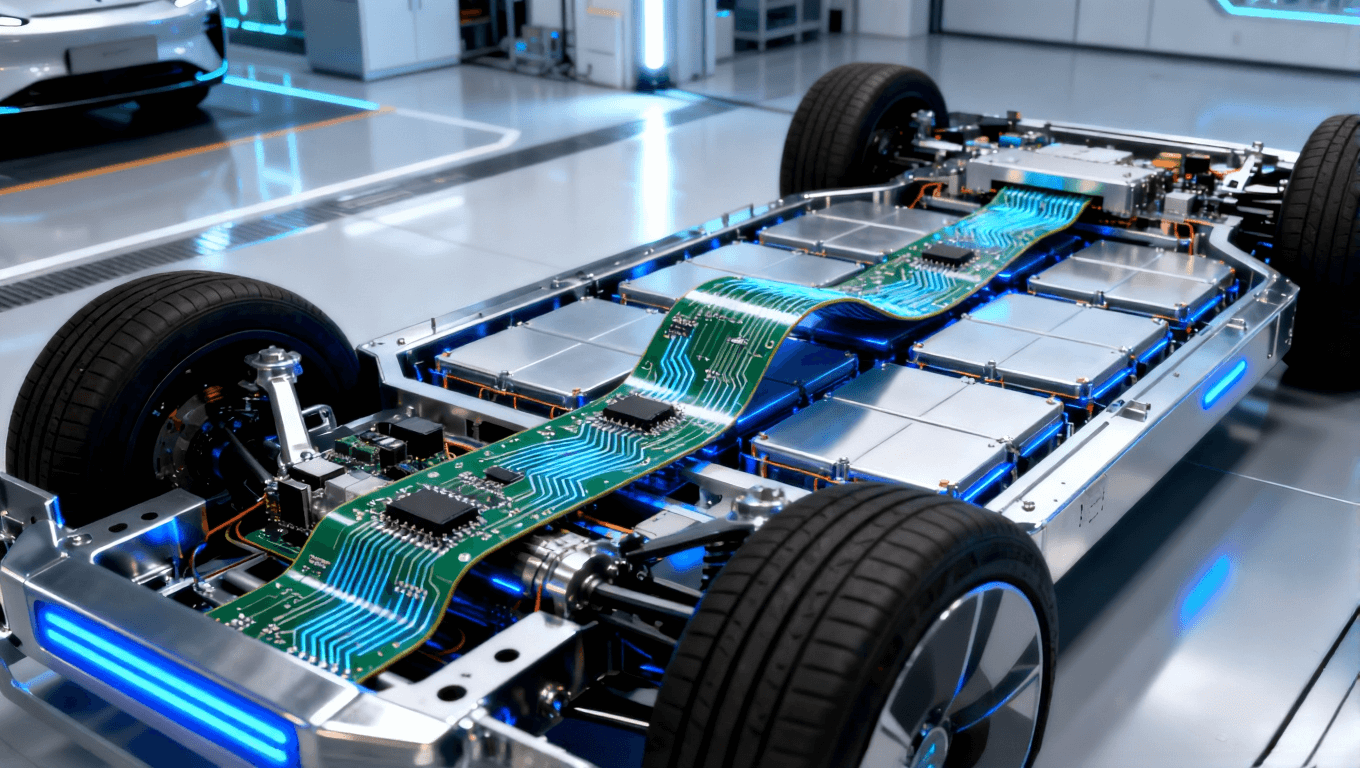 電動(dòng)汽車電池包內(nèi)部，靈活電路板穿過(guò)電池單元間隙，展現(xiàn)空間效率