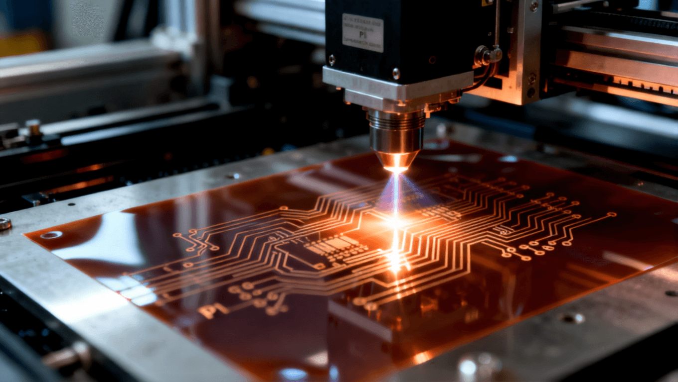 工業(yè)環(huán)境下的激光直接成型工藝，激光束在 PI 薄膜上精確形成電路