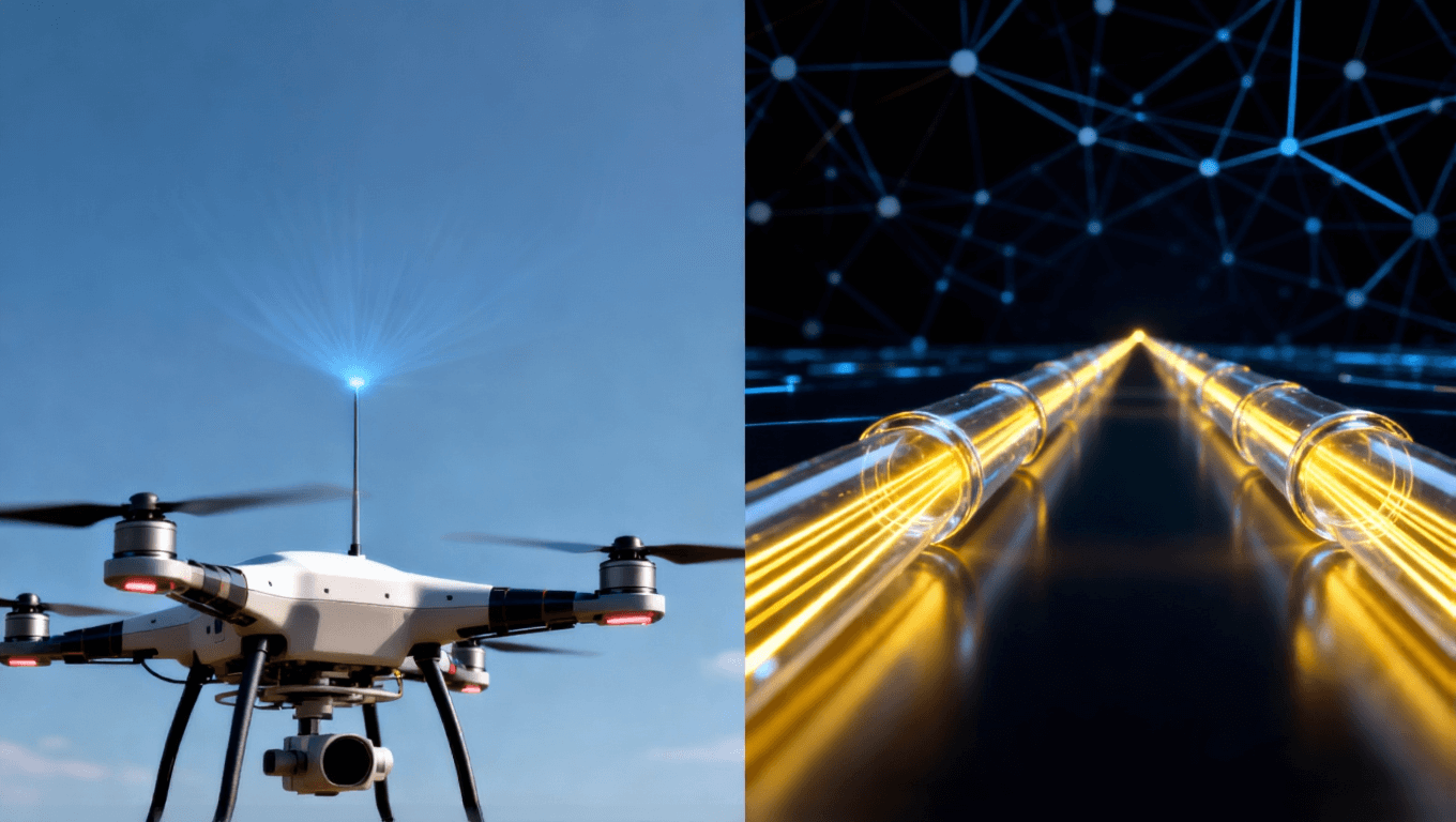 無人機同時使用射頻和光通信鏈路的抽象示意圖