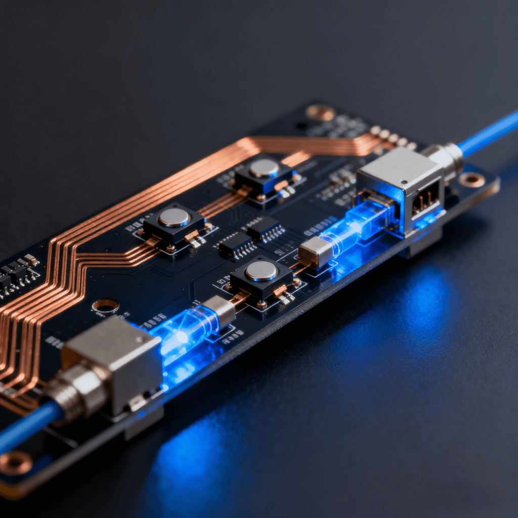 高頻光模塊PCB細節(jié)圖，展現(xiàn)激光器件和光電轉(zhuǎn)換元件布局