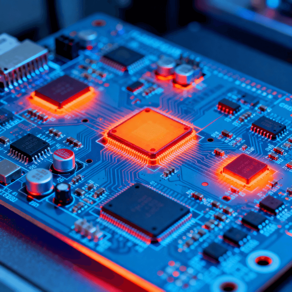 電路板可靠性測試熱成像圖，顯示高溫工作狀態(tài)下的熱量分布