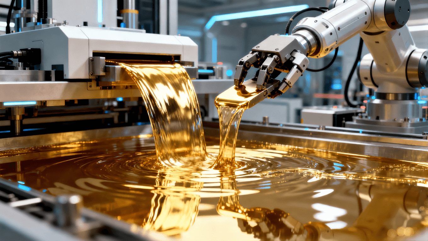 未來高科技的PCB鍍鎳金工藝，展示無氰鍍金技術與自動化生產(chǎn)線，機器人臂操作現(xiàn)代化設備