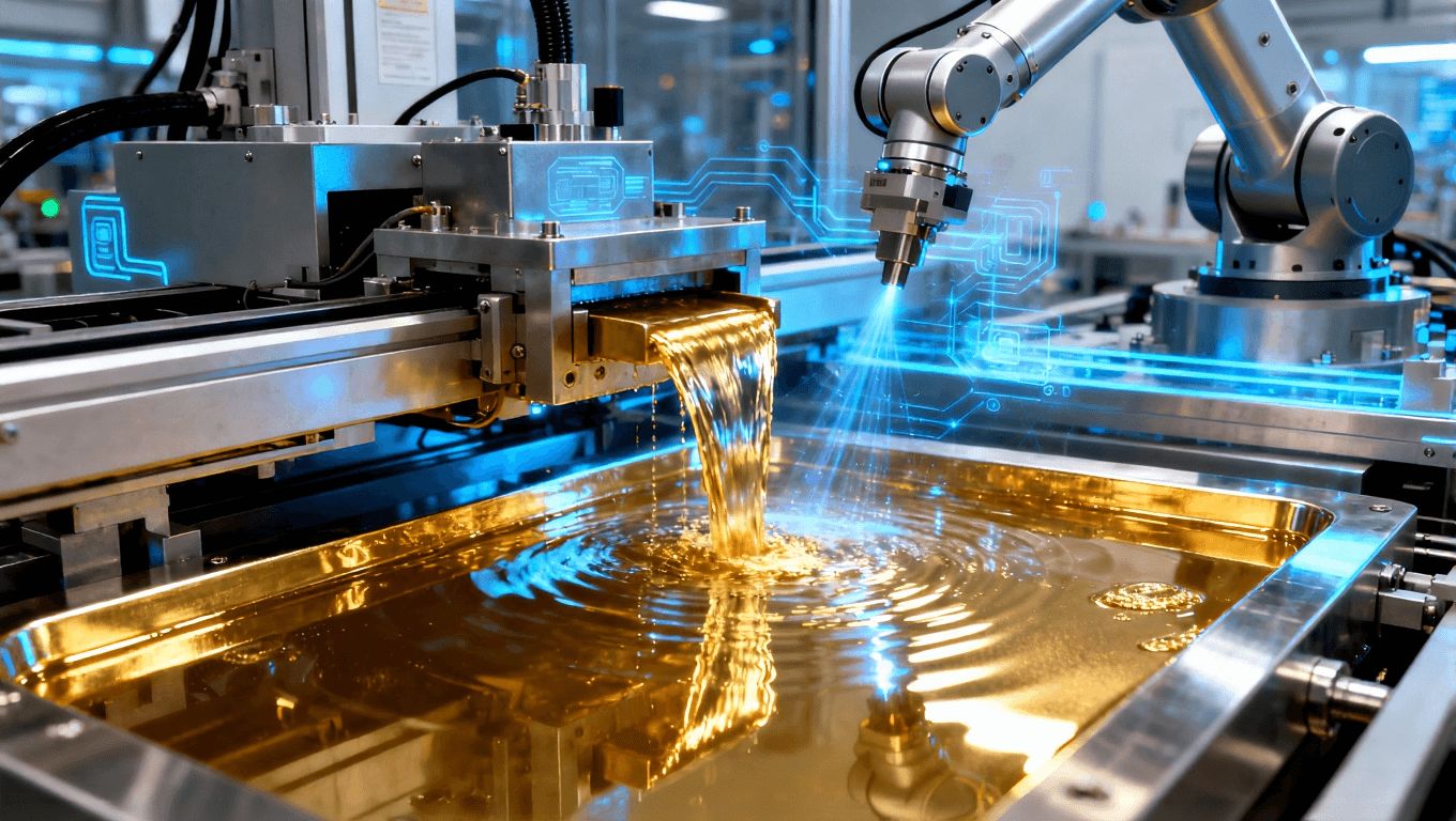 展示無氰鍍金工藝設備與自動化生產(chǎn)線，體現(xiàn)先進的生產(chǎn)技術與高效操作