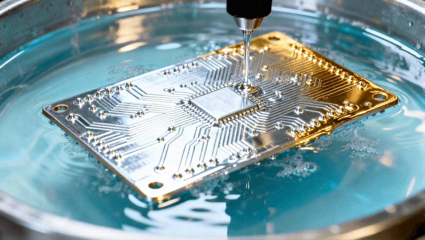 電路板鍍鎳金過程中的細節(jié)，顯示鍍層的均勻性與光澤