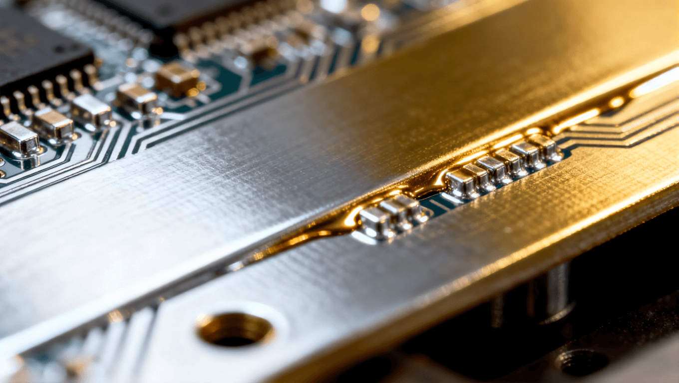 精密電路板表面處理，展示鎳金鍍層沉積的細節(jié)，體現(xiàn)專業(yè)制造環(huán)境中的光亮金屬質(zhì)感