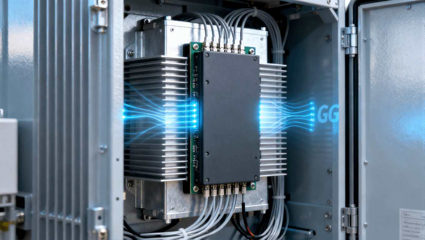 5G 基站 AAU 內部 阻抗控制板與散熱片特寫 5G 基站 AAU 內部 阻抗控制板與散熱片特寫