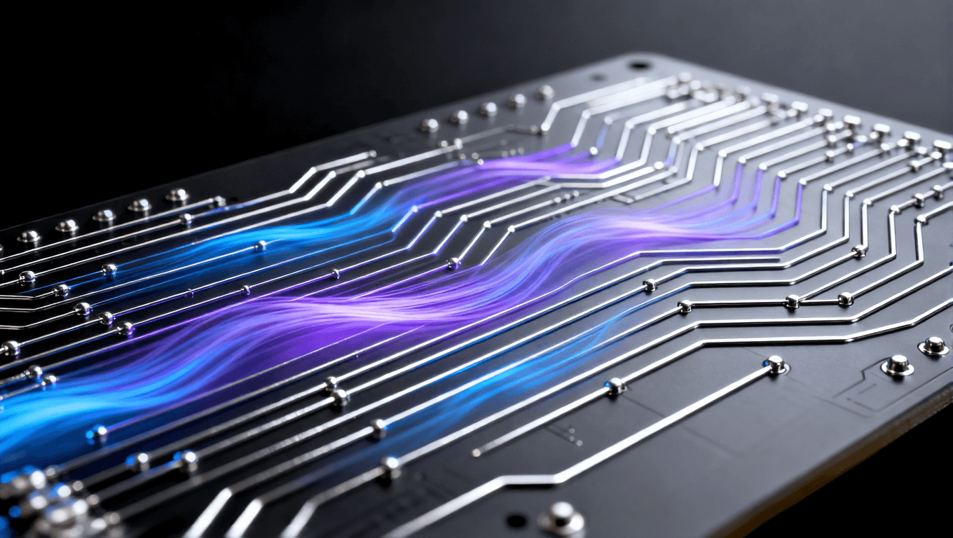 深灰色 PCB 板特寫 藍紫色光帶模擬高頻信號穩(wěn)定傳輸 深灰色 PCB 板特寫 藍紫色光帶模擬高頻信號穩(wěn)定傳輸