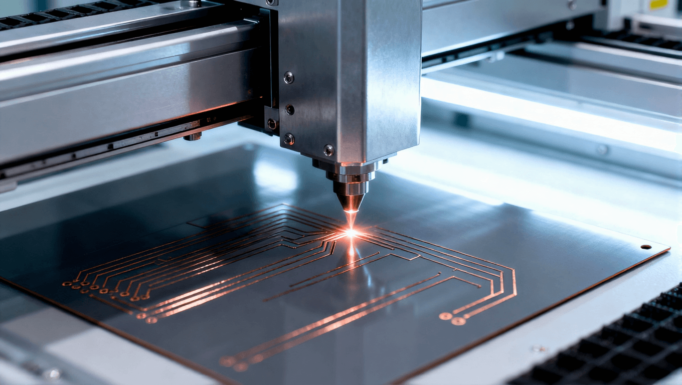 無塵車間內 激光束蝕刻 PCB 板走線的工業(yè)場景 無塵車間內 激光束蝕刻 PCB 板走線的工業(yè)場景