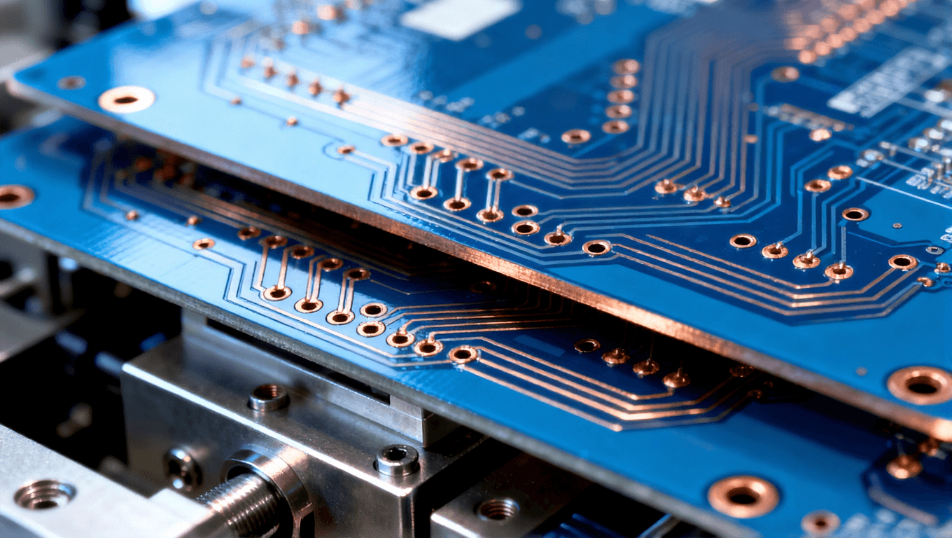 高精度PCB，展示復雜的銅鍍層和層間連接，突顯制造過程中的精密細節(jié)