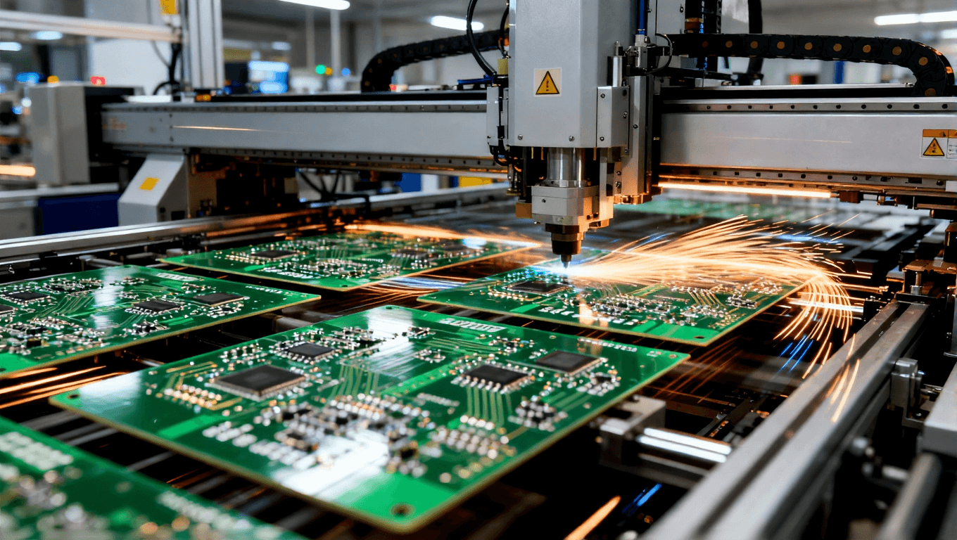 高效自動化PCB生產(chǎn)過程，展示在高壓力下快速組裝的制造環(huán)境