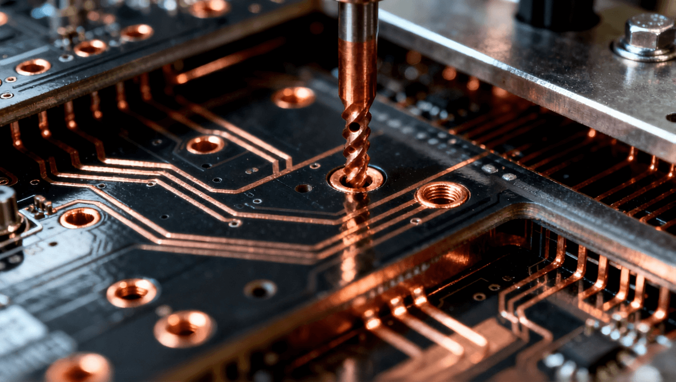 多層PCB的詳細視圖，展示銅層連接和鉆孔，突出層間復雜的導電連接